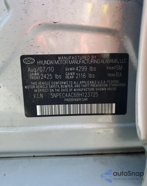 2011 Hyundai Sonata Se from USA, damaged, VIN 5NPEC4AC6BH123725